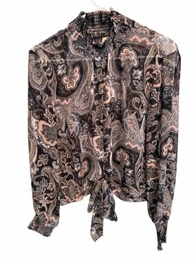 Elan Black and Pink Paisley Tie-Front Smocked Blouse. Size Medium